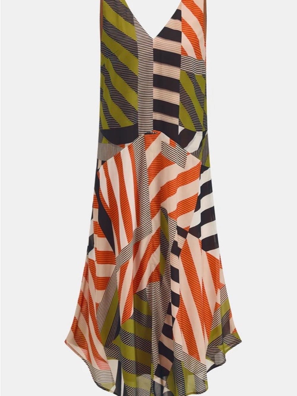 Commense Olive, Orange, Black & Cream Asymmetrical Stripe Dress - Picture 2 of 3